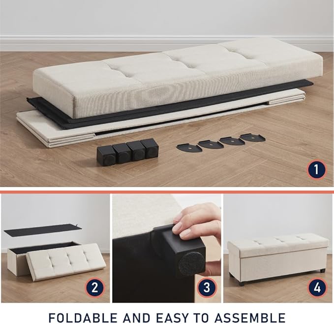 Ornavo Home 43 Inch Storage Ottoman, Large Storage Bench, Ottoman with Storage with Legs, Foot Rest Stool, Bedroom Bench - Beige