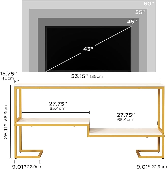 TV Stand for TV up to 60 Inch, TV Console Table with Open Storage Shelves, Industrial Media Entertainment Center for Living Room, Bedroom, Gold and White