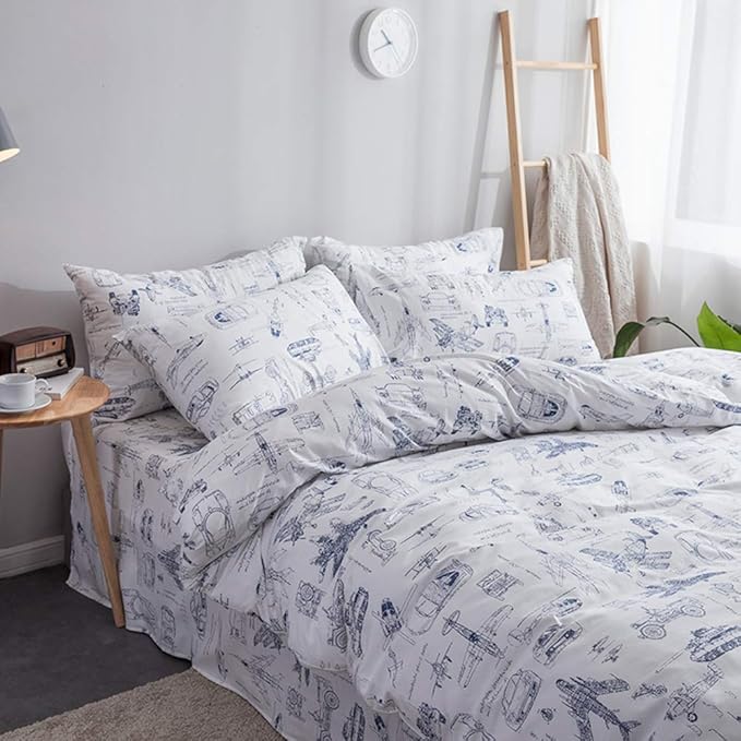 CLOTHKNOW Kids Twin/Twin XL Comforter Set Cartoon Bedding Comforter Sets Cars Blue White Comforter Toddler BeddingTwin Tank Aircraft Pattern