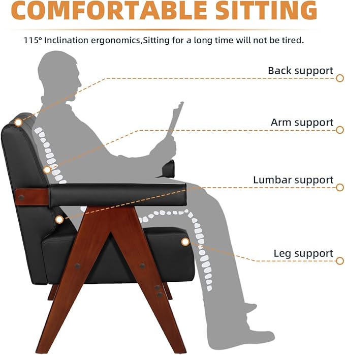 AODAILIHB Mid Century Modern Chairs Black Leather Accent Chair Wood Arms with Soft Bag Living Room Chairs with Thick Cushion Comfy Sitting Waiting Room Chairs Bedroom/Office (1, Black)