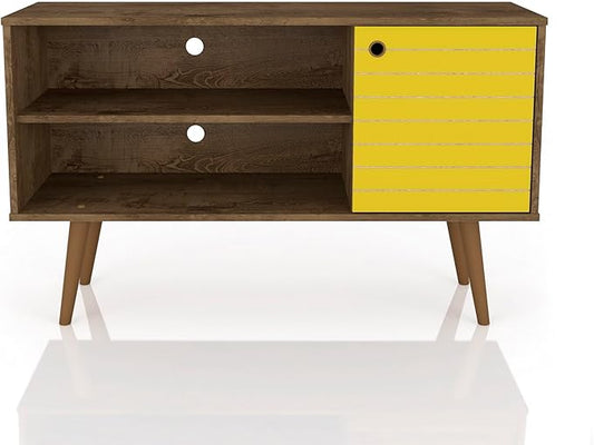 Manhattan Comfort Liberty Mid Century Modern TV Stand for Televisions up to 46 Inches, Bedroom and Living Room Entertainment Center with Storage, Shelves, and Cabinet, 43" Wide, Rustic Brown/Yellow