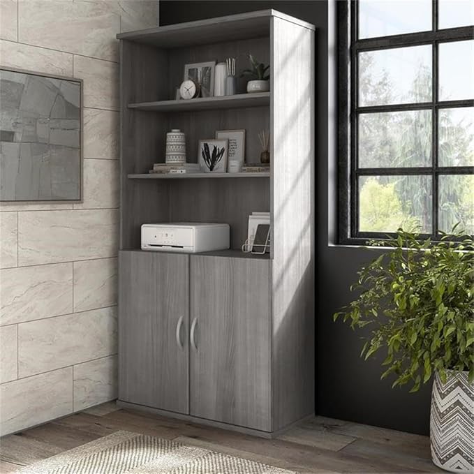 Bush Business Furniture Hybrid Tall 5 Shelf Bookcase in Platinum Gray