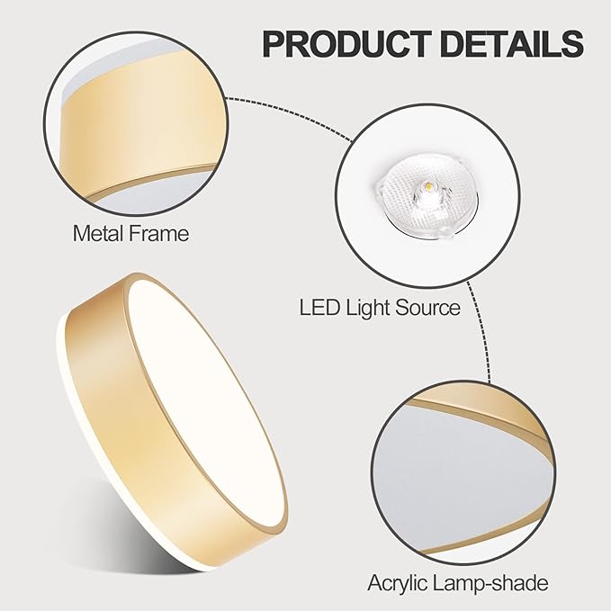 Vikaey Gold LED Ceiling Light, Modern Flush Mount Ceiling Light Fixture, Minimalist Round Metal Lighting Fixture Ceiling Lamp for Hallway, Entryway, Bedroom, Balcony, 11.81 Inch