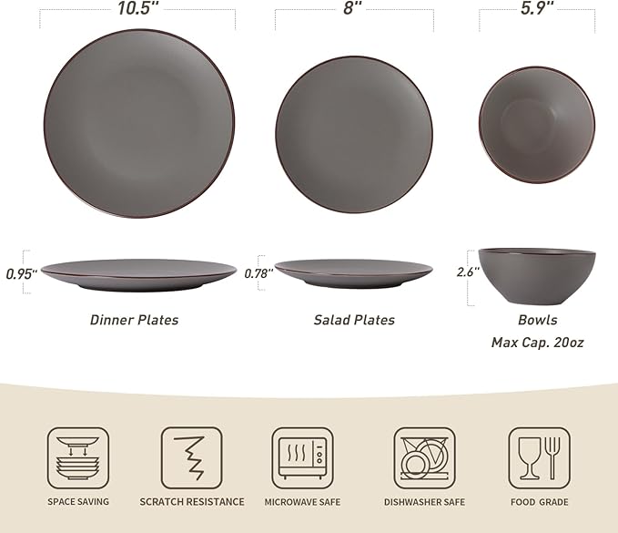Famiware Venus Plates and Bowls Sets, 12 Pieces Stoneware Speckled Dinnerware Sets, Dishes Set for 4, Microwave and Dishwasher Safe, Matte Dark Grey