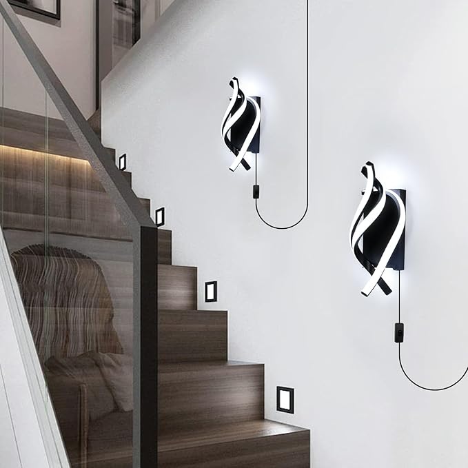 Modern LED Plug in Wall Sconce, 21W Black Indoor Wall Lights with Plug and Switch, Wall Lamps for Living Room, Bedroom, Hallway, Stairway, 6500K Wall Mounted Light