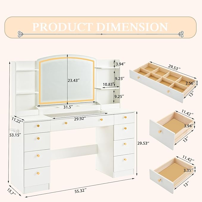 Makeup Vanity Desk with Mirror, Makeup Vanity with Power Outlet, 55" Large Vanity with 9 Drawers & Storage Shelves for Bedroom, White