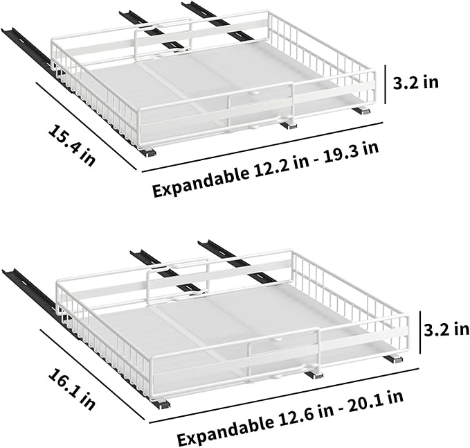 DREMAK Pull Out Cabinet Organizer, 2 Pack Expandable Pull out Drawers for Cabinets, Upgrade 3 Slide Rails Adhesive with Film No Drill, Adjustable Width 12.2"-20.1"