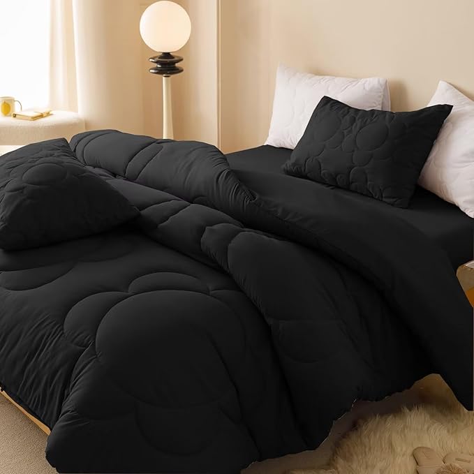 Luxlovery Black Comforter Set Cal King Sunflower Quilted All Black Bedding Comforter Set California Boho Chic Solid Plain Color Soft Breathable Blanket Quilts Women Men Farmhouse Bedding