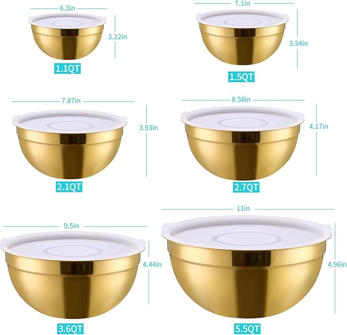6 Piece Gold Mixing Bowls Set With Lids for Kitchen - Stainless Steel Ideal for Baking, Prepping, Cooking and Serving Food - Nesting Metal Bowls for Space Saving Storage