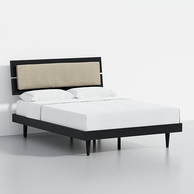 Modern Solid Wood Platform Bed with Adjustable Headboard with Cushion – No Box Spring Needed,Fast Assembly – Full Size in Black