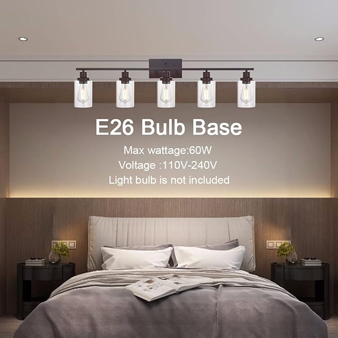 MELUCEE 5-Light Wall Light Fixtures Vanity Lights Bathroom Fixtures Oil Rubbed Bronze Finished with Clear Glass, Industrial Wall Sconce for Bedroom Hallway Kitchen (Patent No.: US D963914 S)