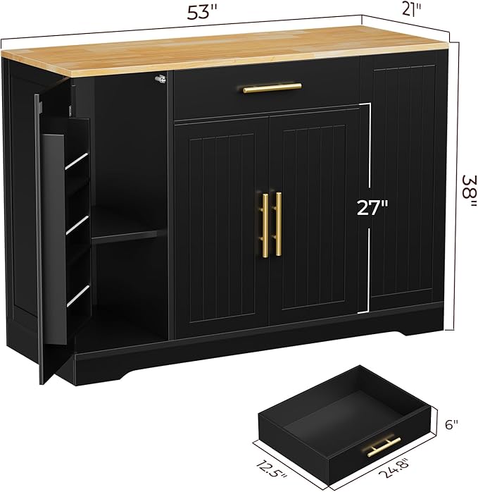 53" Long Kitchen Island with Trash Can Storage, Black Kitchen Cart with Garbage Bin 10 Gallon, Wood Island with Trash Can, Wood Top, Spice Rack and Drawers