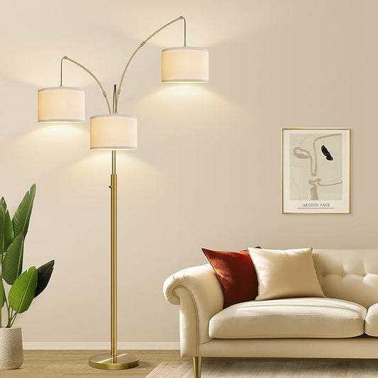 Dimmable Floor Lamp - 3 Lights Brass Floor Lamps for Living Room Linen White Shades & Heavy Base, Mid Century Tree Floor Lamp for Bedroom Office, 3 LED Bulbs Included