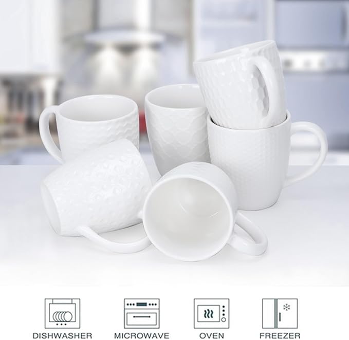 Schliersee 16 OZ Coffee Mugs Set of 6, White Ceramic Coffee Mug, Geometric Pattern Coffee Cups for Latte, Hot Tea, Cappuccino, Mocha, Cocoa, Espresso cups