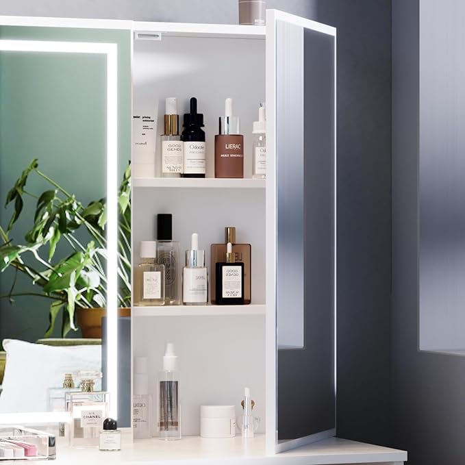 Makeup Vanity Desk with Large Mirror and LED Lights,White Vanity with Hidden Storage Mirror Cabinet&7 Drawers,Vanity with Chair,Makeup Organizer Countertop for Room (White)