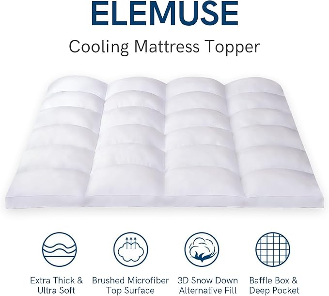 ELEMUSE Super/Olympic Queen Mattress Topper for Back Pain, Extra Thick Mattress Pad Cover, Plush Soft Pillowtop with Elastic Deep Pocket, Overfilled Down Alternative Filling