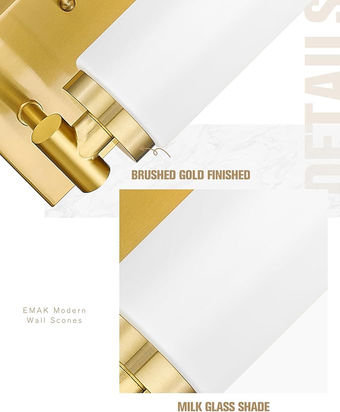 Emak Brushed Gold Wall Sconce, Modern Bathroom Vanity Sconces Wall Light Fixtures with Milk Glass Shade for Bathroom, Mirror, Living Room, Bedroom, Gallery, WS086-BGD-ML-2PK