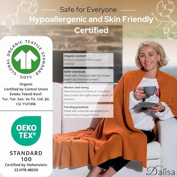 Dalisa 100% Organic Turkish Cotton Throw Blanket - GOTS Certified, Cozy - Perfect for Couch, Bed, and Home Decor - Boho Vintage Knit Alina (Harvest Pumpkin, 60x80)