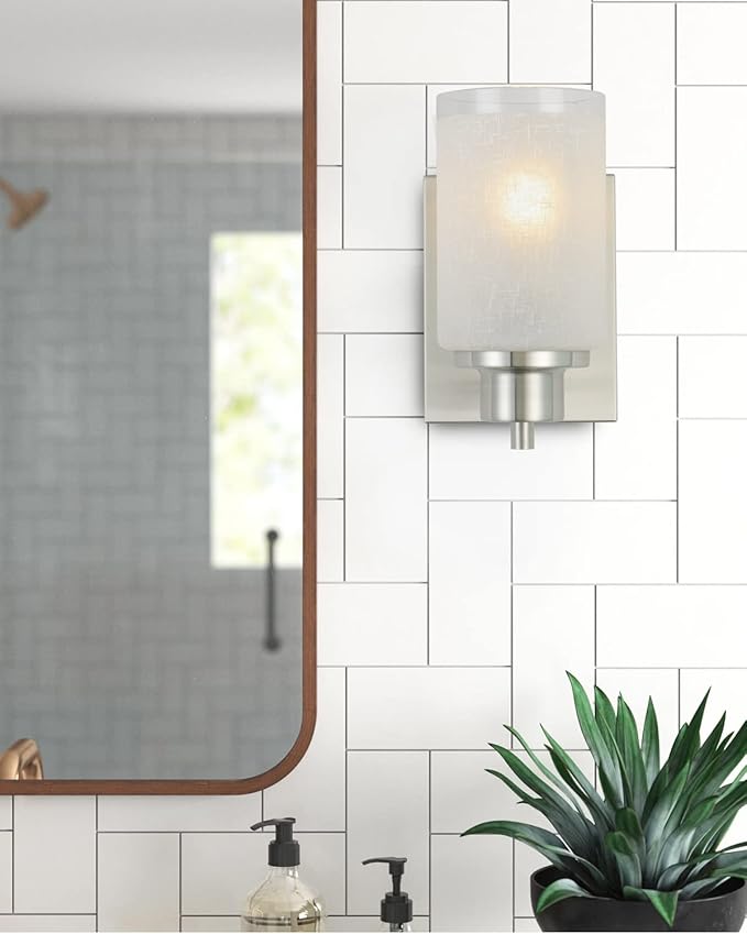 2 Pack Bath Vanity Light Fixture, Modern Indoor Wall Scone Lighting White Linen Frosted Glass Shades with Brush Nickle Finish Wall Lamp for Bathroom Kitchen Entryway Bedside
