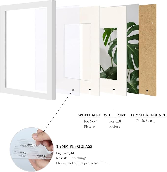 Egofine A4 Picture Frame White Covered by Plexiglass Made of Solid Wood, Display Pictures 4x6/6x8 with Mat or A4 Without Mat for Table Top and Wall Mounting