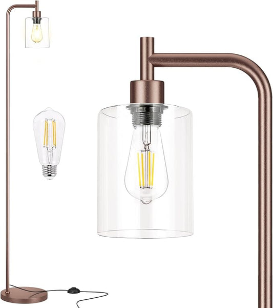 Floor Lamps for Living Room - Industrial Standing Lamp with Glass Shade, Modern Floor Lamp with LED Bulbs, Farmhouse Floor Lamp for Bedroom, Tall Lamp for Office - Brown