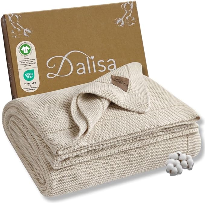 Dalisa 100% Organic Turkish Cotton Throw Blanket - GOTS Certified, Cozy - Perfect for Couch, Bed, and Home Decor - Boho Vintage Knit Alina (Birch, 50x60)