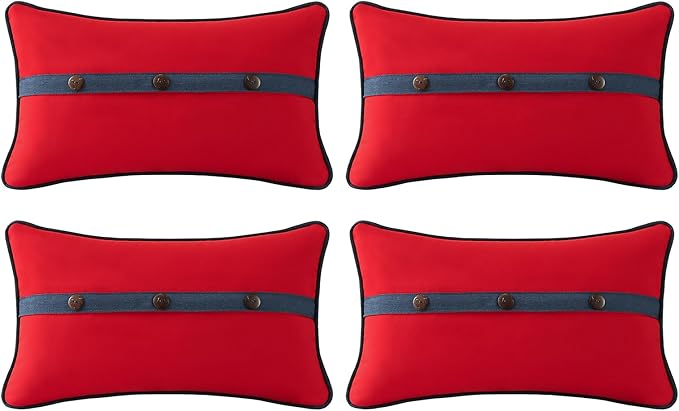 Outdoor Sunbrella Decorative Pillows with Triple Coconut Buttons Pack of 4, 20" x 12" Outdoor Pillow Set for Couch Bed Throw Patio Sofa, Canvas Logo Red/Specrtum Indigo