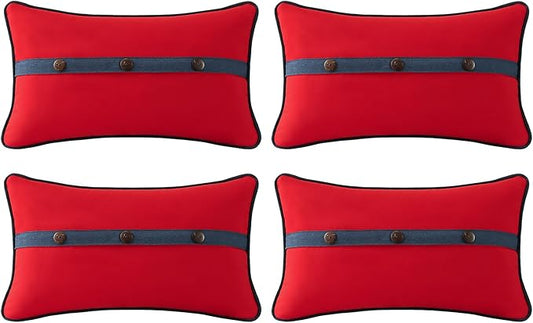 Outdoor Sunbrella Decorative Pillows with Triple Coconut Buttons Pack of 4, 20" x 12" Outdoor Pillow Set for Couch Bed Throw Patio Sofa, Canvas Logo Red/Specrtum Indigo