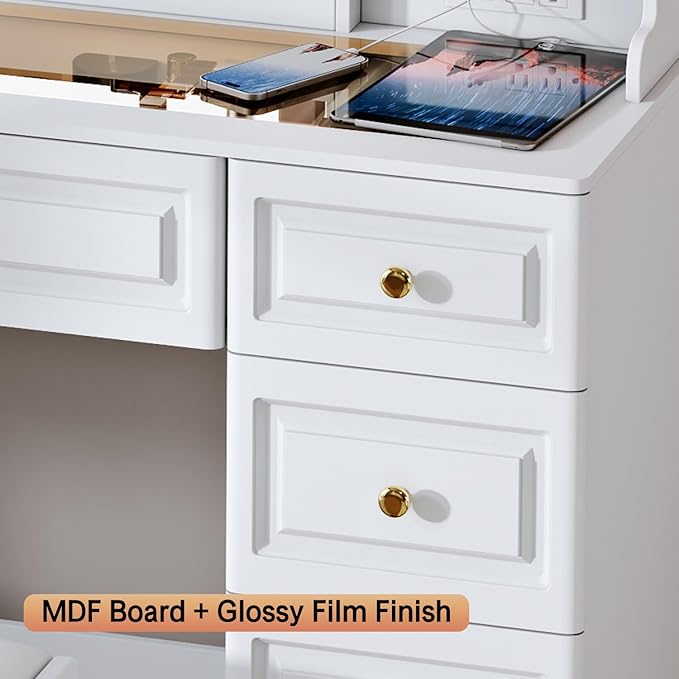 42" Makeup Vanity Desk with Mirror and Lights, & Power Outl, Glass Top Big Vanity Table with 9 Drawers& 8 Storage Shelves, Dressing Table Set with Chair for Bedroom, White