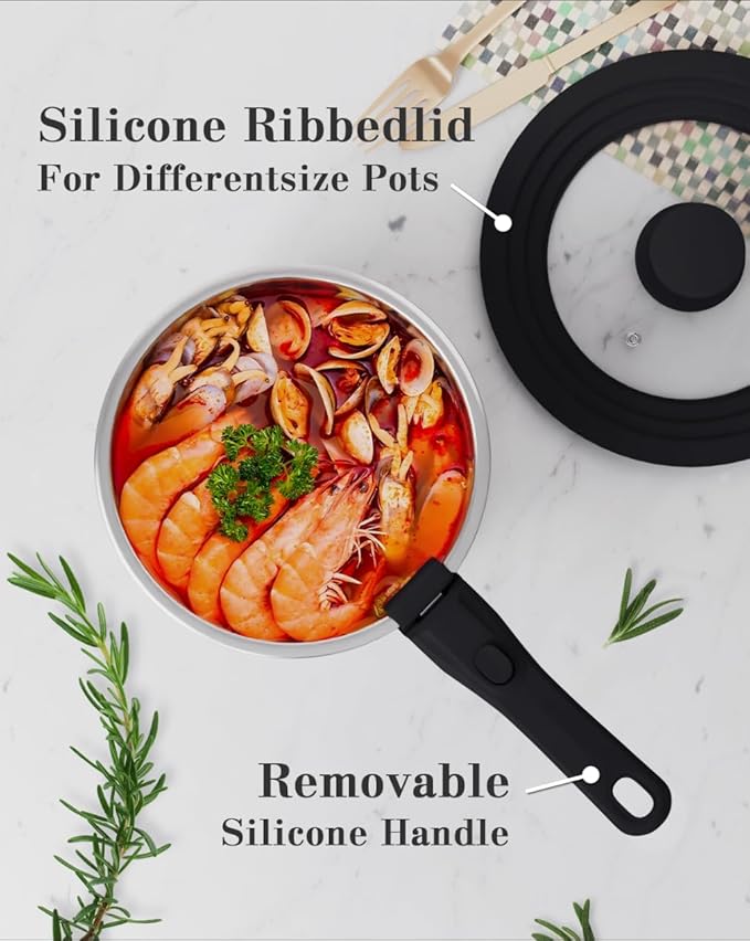 4-Pcs Stainless Steel Saucepan Set,3-Ply Stainless Steel Cookware Set with 7''&8'' Pots, Removable Handle and Multi-Purpose Silicone Lid - All Stovetop Compatible, PTFE & PFOA Free All Stovetop