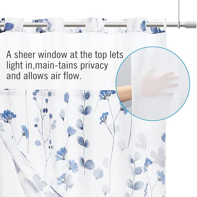 No Hook Shower Curtain with Snap in Liner - Watercolor Floral Shower Curtain - Fabric Waterproof Inner Liner, Plants Blue Flowers Modern Cloth Shower Curtains - Machine Washable, 71 x 86