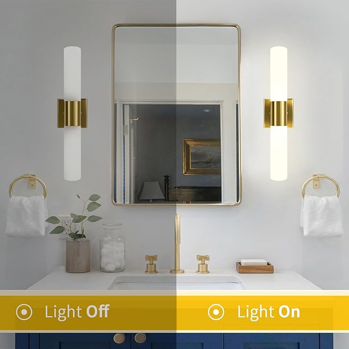 Bathroom Wall Sconces Set of Two, 21 Inch Modern Vanity Lights with Frosted Glass Shade, Bathrooms Vanity Lighting Fixtures for Mirror Bedroom Living Room Hallway (Gold)