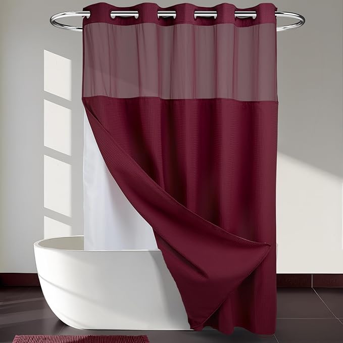 River Dream Heavyweight No Hooks Required Dotted Waffle Weave Shower Curtain with Snap in Liner - 71W x 74H,Hotel Grade,Spa Like Bath Curtain,Red Rio