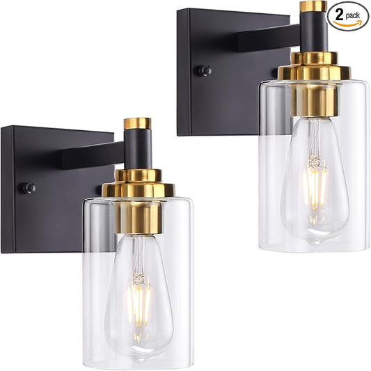 Black and Gold Wall Sconces Set of Two Bathroom Light Fixtures Brass Sconces Wall Lighting Modern Wall Light Fixtures with Glass Shade Rustic Wall Lamps for Bedroom Hallway Kitchen Living Room