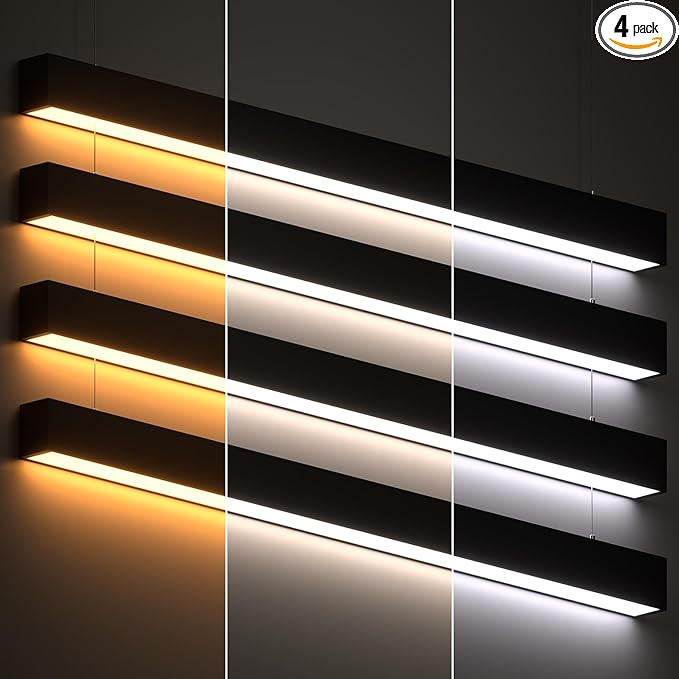 JTT 4FT LED Linear Light,50W/40W/30W Linkable Office Light Fixture,3000K-5000K Selectable,0-10V Dimmable Architectural LED Suspension Ceiling Hanging for Shop Basement Light Dining Gym Room, 4 Packs