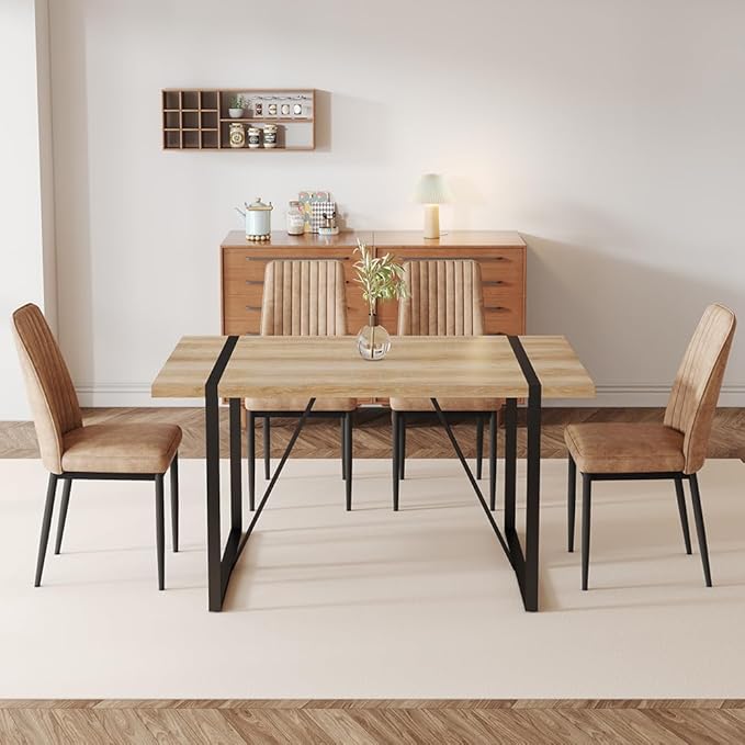 Dining Table Chairs Set for 4, Modern Rectangular Dining Room Table Set PU Leather Upholstered Dining Chairs 55" Dinner Table Set for Kitchen, Dining Room (Dining Table Set for 4, Brown)
