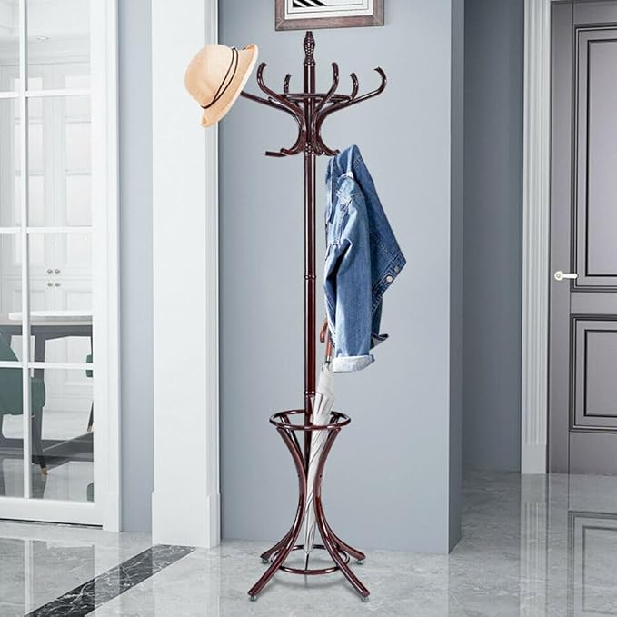Tangkula 75.5" Standing Coat Rack, Wood Coat Tree with 12 Hooks, Home Hat Jacket Hanger Tree 12 with Umbrella Holder Coat Stand (Brown)