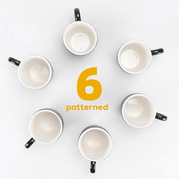 Schliersee 12 OZ Black Ceramic Coffee Mugs Set 6, Stylish Embossed 6 Patterns Coffee Cups Set for Coffee, Tea, Milk, Cocoa, Cereal, Water, Microwave Safe