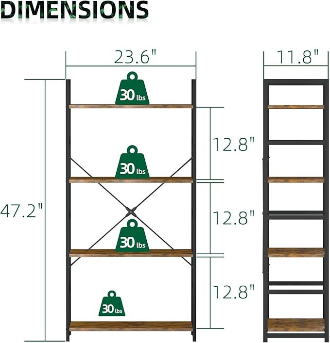 OTK 4 Tier Bookshelf, Tall Bookcase, Office Shelf Storage Organizer, Modern Book Shelf for Living Room, Bedroom, and Home Office, Vintage