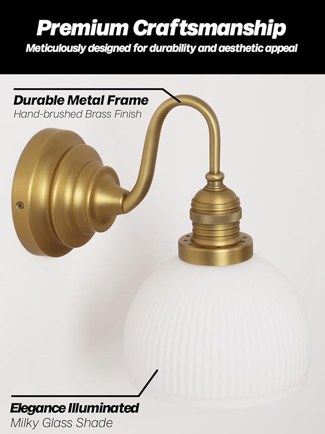 Gold Wall Sconces,Hardwire Bathroom Vanity Light with Striped Bowl Milk Glass Vintage Brass Wall Mounted lamp Lights for Bathroom Mirror Living Room Bedroom Kitchen E26 Indoor