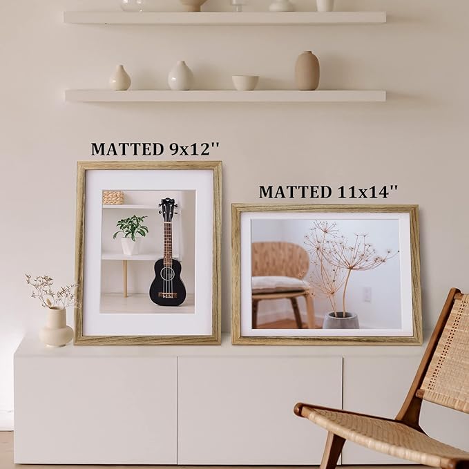 Egofine 12x16 Picture Frame with Plexiglass Made of Solid Wood, Display Pictures 9x12/11x14 with Mat or 12x16 Without Mat for Wall Mounting, Carbonized Brown