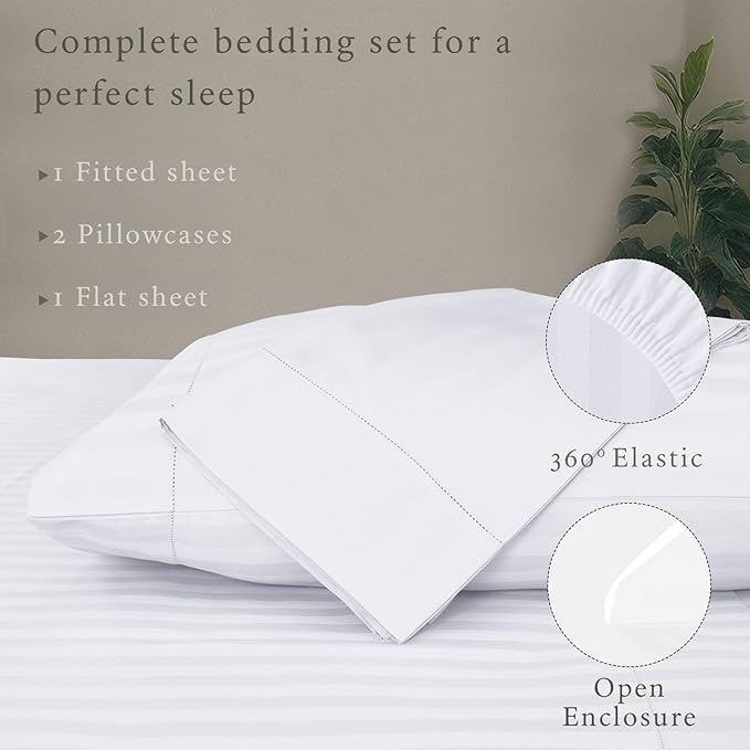 Threadmill 500 Thread Count King Size Damask Stripe, 4 Pc Luxury Cotton Bed Sheet Set, Silky Soft Hotel White Sheets with 16" Elasticized Deep Pocket, 2 Pillowcases & Free Tote Bag