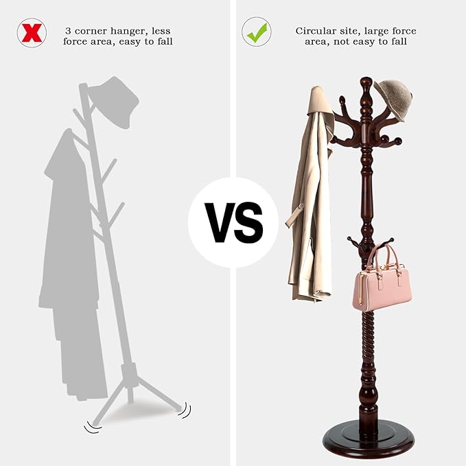 Coat Rack Freestanding, Wooden Tree Coat Rack Stand with 2 Adjustable Sizes Coat Tree and 11 Hooks, Sturdy Hall Tree with Tri-Legged Base for Entryway, Hallway, Bedroom (Walnut-Solid Round Base)