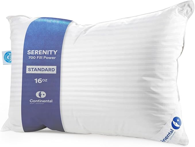 Continental Bedding | Serenity Goose Down Pillow | 700 Fill Power Hungarian White Down | 400TC Cotton Damask Shell | Made in USA | Soft, Standard (Pack of 1)