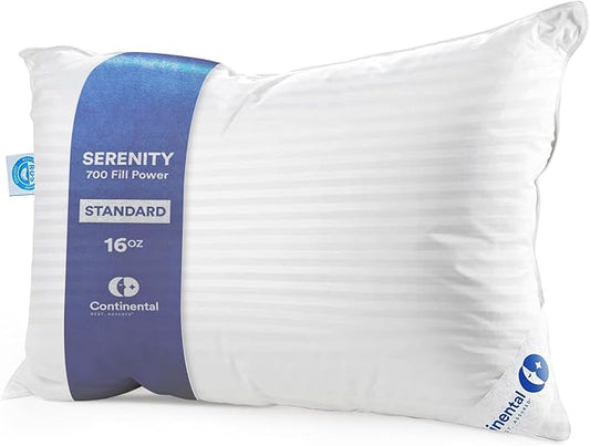 Continental Bedding | Serenity Goose Down Pillow | 700 Fill Power Hungarian White Down | 400TC Cotton Damask Shell | Made in USA | Soft, Standard (Pack of 1)