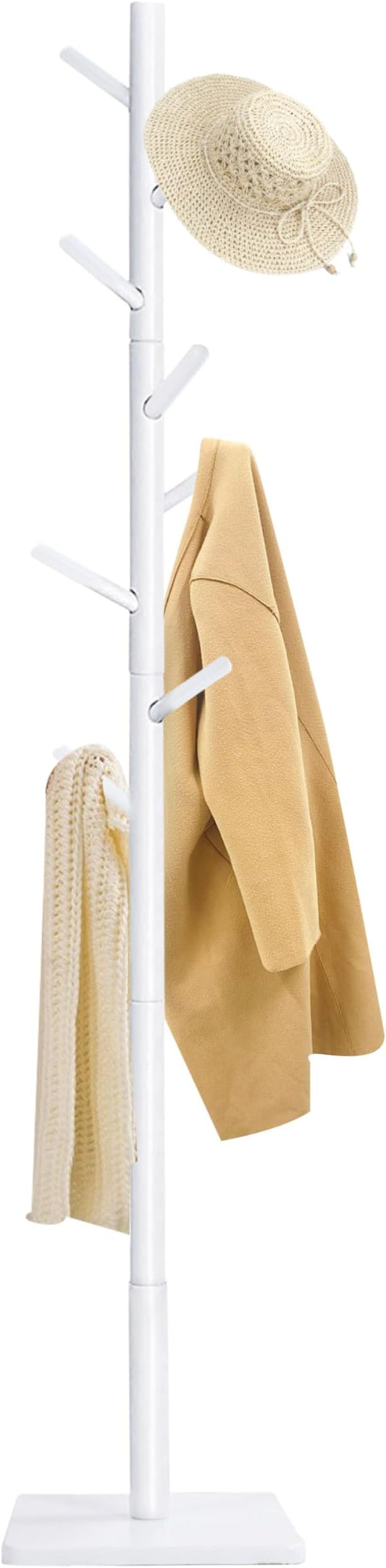 Yawinhe Coat Rack, Sturdy Woode Stand Tree with 8 Hooks, 3 Adjustable Height for Bedroom, Hallway, Entrance, Office, 11.8 x 70.8 inches, White, 1-Pack, Square Base