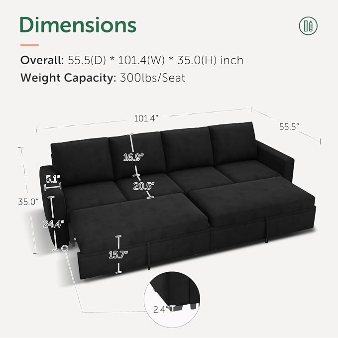 HONBAY Modular Sectional Sleeper Sofa Bed, with Pull Out Bed, Linen Convertible Sectional Couches for Living Room - Black