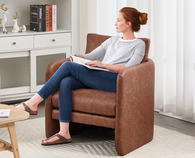 EALSON Comfy Accent Chair Modern Leather Living Room Chair with Arm Mid Century Reading Lounge Chair for Adults Upholstered Armchair for Living Room/Reading Room/Bedroom/Office/Club, Brown