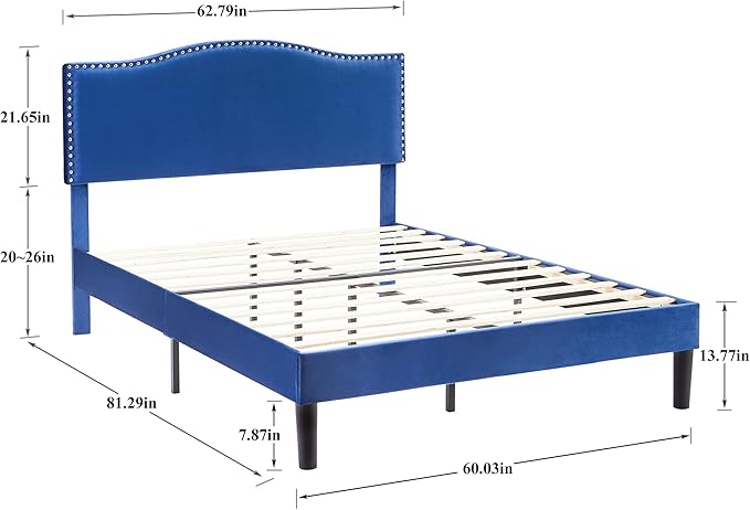 VECELO Queen Bed Frame, Platform Bed Frame with Adjustable Height Upholstered Headboard, Heavy-Duty Frame and Strong Wooden Slats Support, Non-Slip and Noise-Free, Easy Assembly, Dark Blue