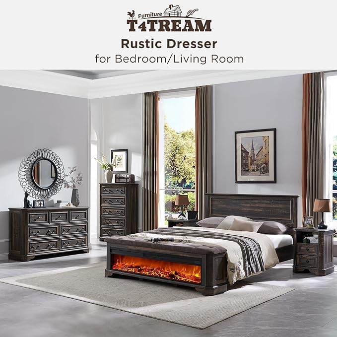 T4TREAM Farmhouse 7 Drawers Dresser for Bedroom, 54" Wide Wood Rustic Chest of Drawers with Natural Texture, Vintage Design, Storage Dressers Organizer for Bedroom, Living Room, Dark Rustic Oak